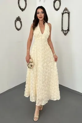 Elbee Fashion Woman Kadın Bej Güllü Boyundan Askılı Elbise