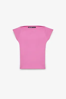 Grimelange NOEMI Kadın Balerin Yaka Kısa Kol Slim Fit Ribanalı Pembe Bluz