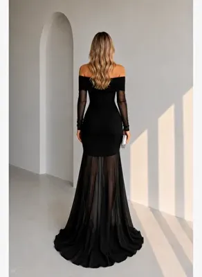 GILLA'S QUEEN Kadın Siyah Madonna Yaka Off Shoulder Tül Balık Etekli Tasarım Elbise