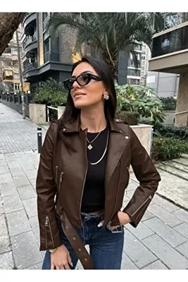 schlank Kadın Kahvrengi Fermuar Detaylı Deri Ceket