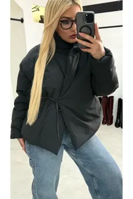 liya butik Siyah İp Bağlamalı Şişme Mont