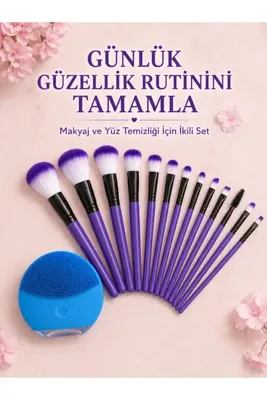 ucuzteknom 12 Parça Makyaj Fırçası ve Silikon Yüz Temizleyici Cihaz İkili Güzellik ve Kişisel Bakım Seti