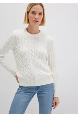 Mavi İpek Karışımlı Bisiklet Yaka Ekru Kazak Slim Fit / Dar Kesim 1710721-70057