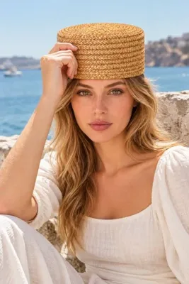 KAAN HOME Kadın Naturel Bej Hasır Görünümlü Pillbox Şapka El İşçiliği Düz Tepeli Kenarsız Bohem Model