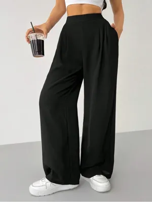 Genius Store Kadın Pantolon Scuba Krep Kumaş Beli Lastikli Cepli Pileli Geniş Paça Palazzo Pantolon SCUBA-CREP