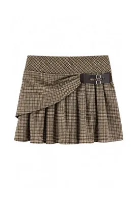 TRENDYOLMİLLA Bej Ekoseli Piliseli İçi Şortlu Mini Etek TWOAW27ET00126