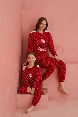ELİTOL Kırmızı Smile Puan Desenli Bisiklet Yaka Peluş Polar Pijama Takım