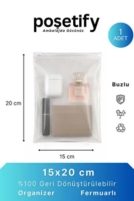 POŞETİFY Fermuarlı Organizer 15x20 Cm | 1 Adet | Buzlu Şeffaf Makyaj Çantası, Kozmetik ve Çok Amaçlı Torba