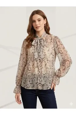 Lunea Womens Kadın Bej Desenli Bağlamalı Düğmeli Peplum Şifon Gömlek