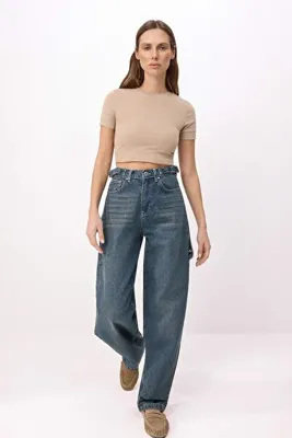 TRENDYOLMİLLA More Sustainable Koyu Mavi Yıkama Efektli Bol Kesim Yüksek Bel Loose Baggy Jeans TWOAW24JE00308