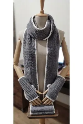 DİĞER1111 UcDa Gri Fiyonklu Kadife Atkı 165x15 cm ve Parmaksız Eldiven 15x10 cm Kombin Seti