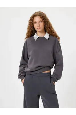 Koton Basic Oversize Sweatshirt Bisiklet Yaka Uzun Kollu Ribanalı Şardonlu