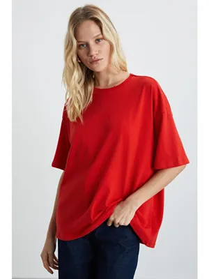Grimelange LAGERTHA Kadın %100 organik Pamuklu Kalın Dokulu Oversize Fit Yuvarlak Yakalı KIRMIZI T-Shirt