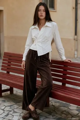 Quzu Beli Lastikli Kadife Bol Paça Pantolon Kahverengi