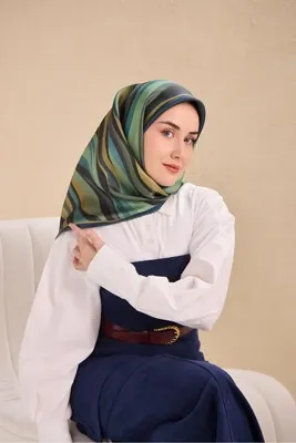 Silk Home Twill İpek Eşarp Kıvrımlı Şerit Gece Mavi Yeşil90x90