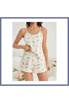 Genel Markalar Kadın Ekru Çiçek Baskılı Şortlu Gecelik Pijama Takımı 5047 · BEDEN: L/XL · RE DLRA