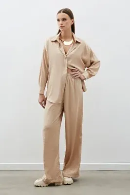 Sateen Zebra Desenli Salaş Pantolon - BEJ