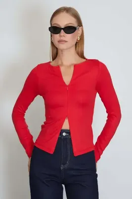 Fulla Moda Çift Fermuarlı Bisiklet Yaka Slim Fit Bluz