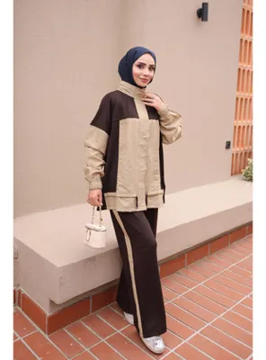 İmaj Butik Kahverengi Bej Garnili Tunik Pantolonlu Modal Takım