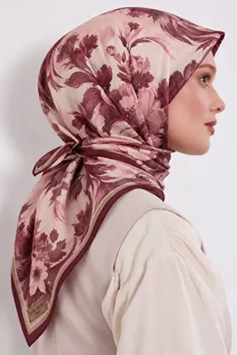 Lesscarves Desenli Pamuk İpek Eşarp 90x90 LS2213 08-Pudra-Gül Kurusu-Bordo