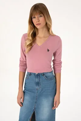 U.S. Polo Assn. Kadın Pembe V Yaka Basic Kazak 50313590-VR167