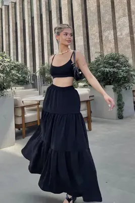 la & vetta Siyah Pileli Katlı Maxi Etek