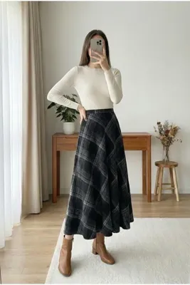 MODAQU Ekose Desen Kaşe Kloş Etek - Siyah
