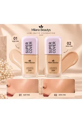 MİLANO BEAUTYS Super Cover 24H Likit Fondöten 40 ml – Mat Bitişli, Pürüzsüz Görünüm – 01 Açık Ton / 02 Orta Ton