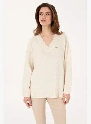U.S. Polo Assn. Kadın Krem V Yaka Triko Hırka 50314833