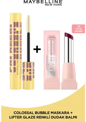 Maybelline New York Collosal Bubble Maskara & Lifter Glaze Shea Yağı ve Hyalüronik Asit Içeren Renkli Dudak Balmı - 08 Acai Glaze