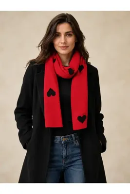 Sebir Moda Özel Gün Temalı Kalpli Atkı
