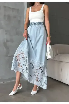 jeanlog Dantel Detaylı Yüksek Bel Midi Etek Belden Lastik Ve Bağlamalı
