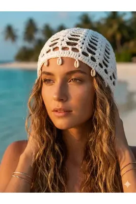 Aia&Co Yazlık El Emeği File Bandana Handmade Saç Bonesi Delikli Desenli Deniz Kabuklu