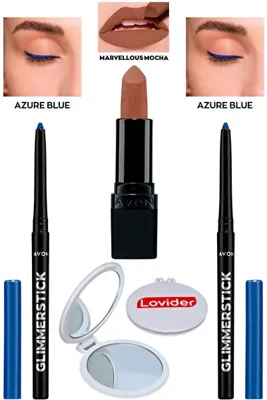 Avon Asansörlü Göz Kalemi Azure Blue 2'li + Marvellous Mocha Mat Ruj + Lovider Cep Aynası