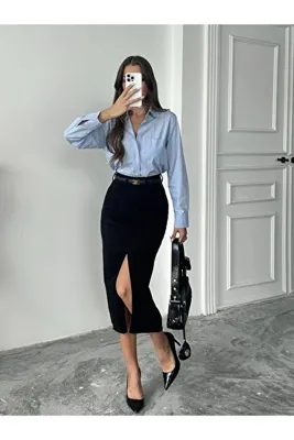 BLUE MARLIN KADIN SİYAH ETEK UCU KESİK ÖN YIRTMAÇ KETEN ETEK