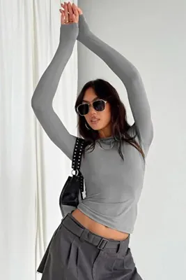 Madmext Boyalı Gri Bisiklet Yaka Basic Uzun Kollu Bluz MG1701