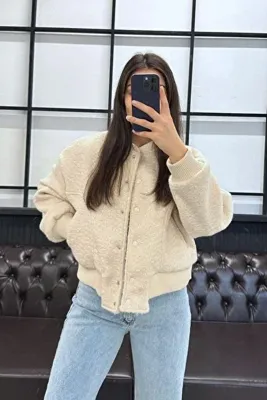 JaMolls kaşe yün görünümlü bol kesim çıtçıt kapama cep detay crop trend bomber pinterest muadil ceket mont