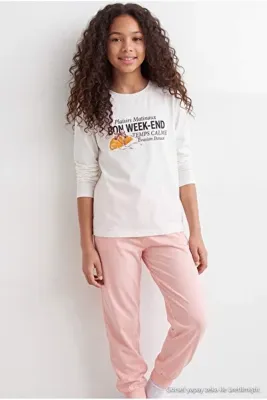 TRENDYOLKIDS Ekru 100%Pamuk Kız Çocuk Pijama Takımı TKDAW27PT00017