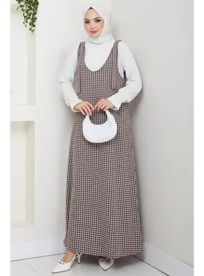 hafsamina Kaz Ayağı Desen Jile Elbise Kahverengi HM2865