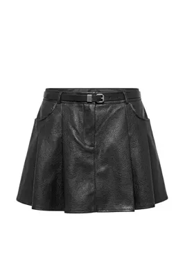TRENDYOLMİLLA Siyah Kemerli İçi Şortlu Mini Deri Etek TWOAW27ET00134