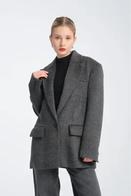 Özlem Yıldız Gri Oversize Yün Karışımlı Kaşe Ceket - Maskülen Kesim Kadın Blazer