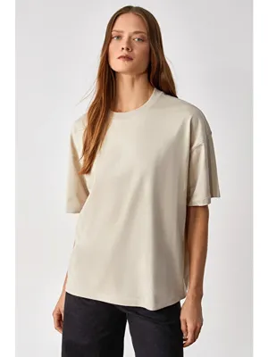Grimelange Jemmy Kadın %100 Organik Pamuk Relaxed Fit Yırtmaçlı Yuvarlak Yakalı TAŞ T-Shirt