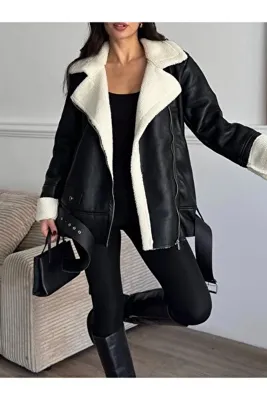 VESS MODA Kadın İçi Krem Peluş Kürklü Kemerli Deri Mont Siyah