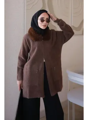 İmajButik Kahverengi Soft Kürk Yakalı Angora Triko Hırka