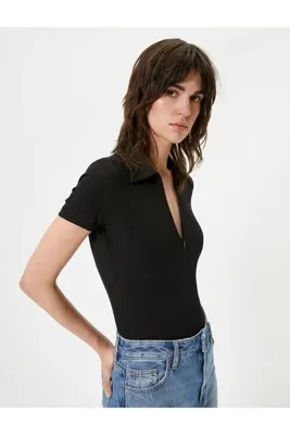 Koton Yarım Fermuarlı Polo Yaka Bodysuit Kısa Kollu Slim Fit