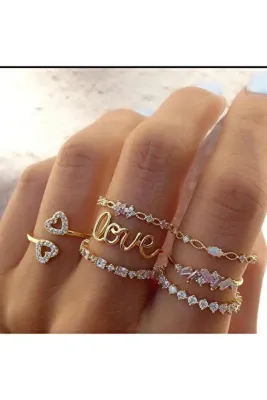 M SMİLE 7 ADET ALTIN KAPLAMA ZİRKON TAŞLI EKLEM YÜZÜĞÜ. LOVE YAZILI EKLEM YÜZÜĞÜ, KALPLİ EKLEM YÜZÜĞÜ