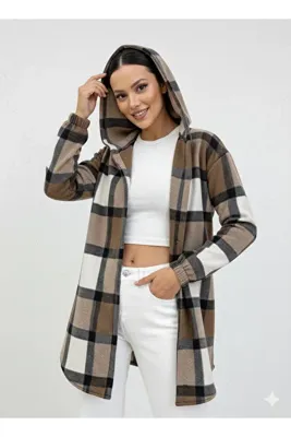 ZEYNEP RANA Kadın Kapüşonlu Kolları Lastikli Ekose Desenli Polar Ceket