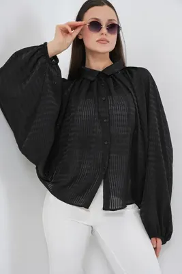 Bigdart Kadın Yarasa Kol Oversize Gömlek 20368 - Siyah