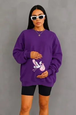 BENROMA PLUS 3 İPLİK PENYE BEBEK GETİREN LEYLEK BASKILI HAMİLE SWEATSHIRT JW1