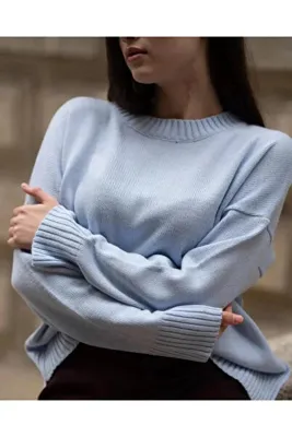 K-ODEA BUTİK Kadın Mavi  Oversize Triko Kazak - Yumuşak Dokulu Bisiklet Yaka MEVSİMLİK